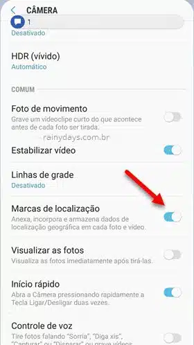 marcas de localização câmera fotos e vídeo Android