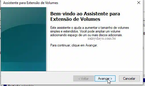 Assistente para extensão de volumes apagar partição Windows