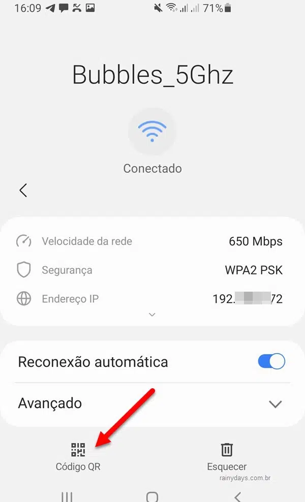 Código QR da conexão WiFi no Android para ver a senha