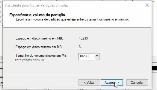 Especificar volume da partição Windows