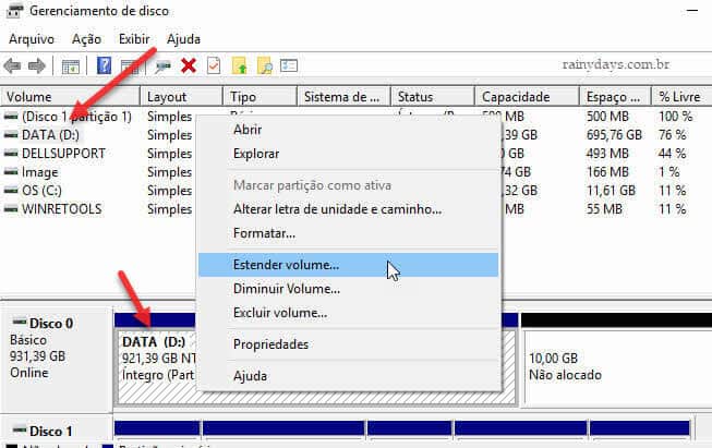 Estender volume HD Gerenciamenro de Disco do Windows