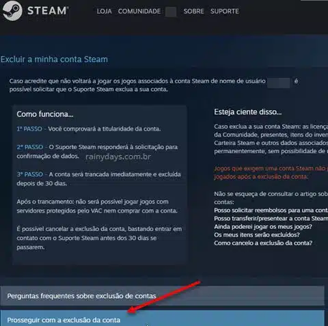 Prosseguir com exclusão da conta, excluir conta do Steam