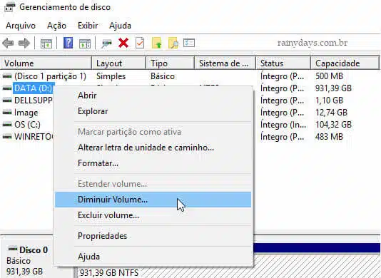 Gerenciamento de disco Diminuir volume Windows