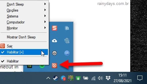 ícone do Don't Sleep ativado para evitar que Windows reinicie