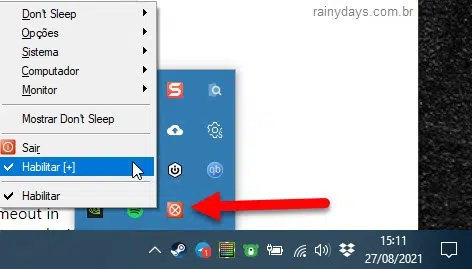 ícone do Don't Sleep ativado para evitar que Windows reinicie