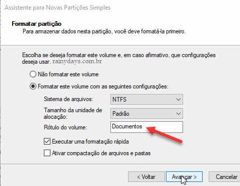 Rótulo do volume formatar partição Windows