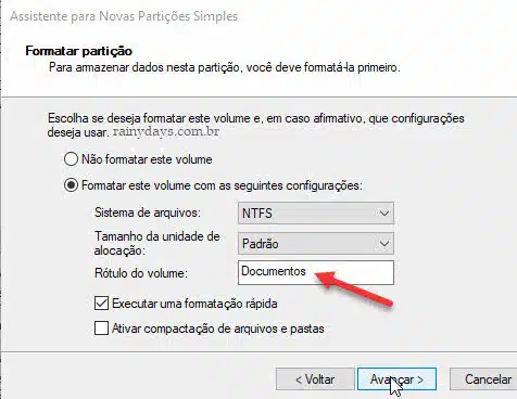 Rótulo do volume formatar partição Windows