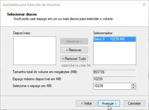 Selecionar discos para estender volume partição Windows