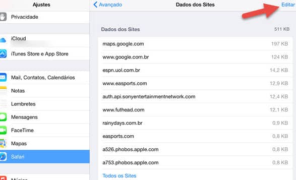 imagem mostrando Editar dados dos sites Safari iPad iPhone