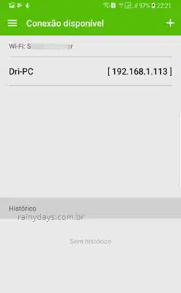 Conexão disponível nome do PC e IP no Remote Mouse Android