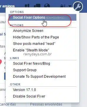 Social Fixer Options no Facebook