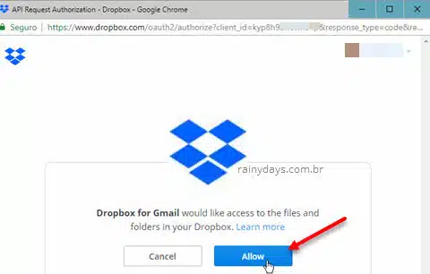 Allow permitir Dropbox para Gmail acessar ao Dropbox