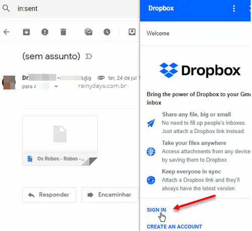 Aplicativo e extensão Dropbox para Gmail, login