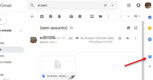 ícone Dropbox para Gmail na barra complementos Gmail