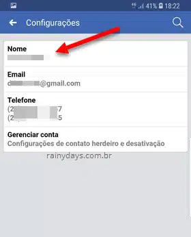 Configurações nome Facebook Android iOS