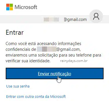 Enviar notificação conta Microsoft sem senha