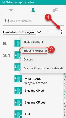 ícone de três bolinhas importar exportar contatos do Android