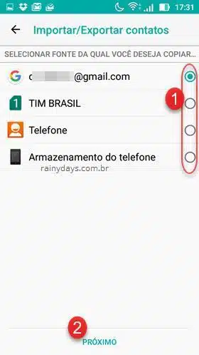 selecionar fonte de contatos para backup Android