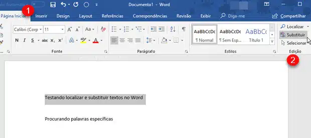 Opção no menu para substituir palavras no Word, Excel e PowerPoint