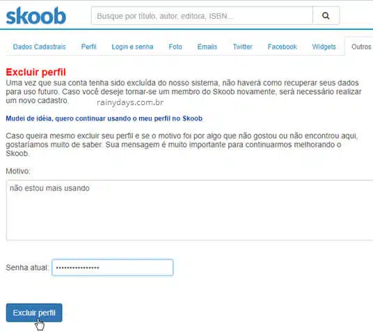 Como excluir conta do Skoob permanentemente, imagem mostrando excluindo perfil