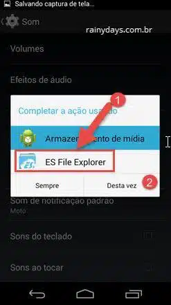 completar ação usando ES File Explorer áudio Android