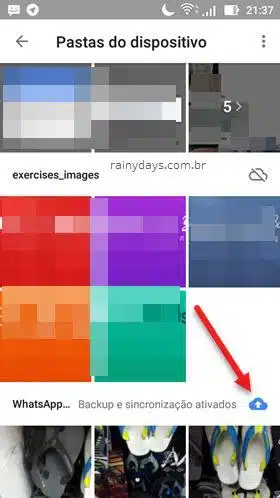 Backup e sincronização ativados pasta Google Fotos