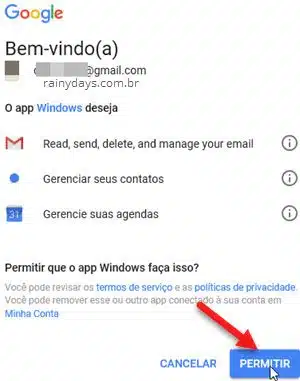 Compartilhar dados com app Email Windows 10