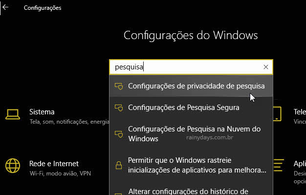 Configurações de privacidade de pesquisa do computador Windows