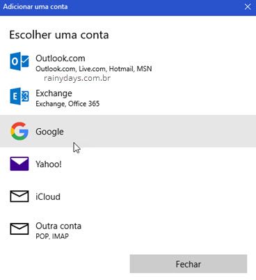 Escolher uma conta Email Windows 10