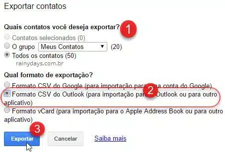 Exportar contatos formato CSV do Outlook