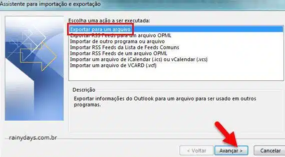 Exportar informações do Outlook para um arquivo