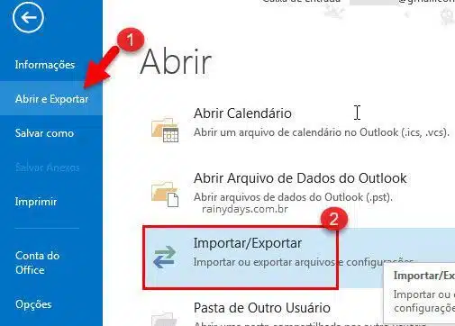 Importar ou exportar arquivos e configurações Outlook
