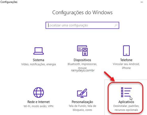 configurações Aplicativos Windows 10