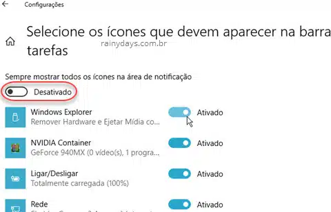 Como esconder ícones da Área de Notificação do Windows 10