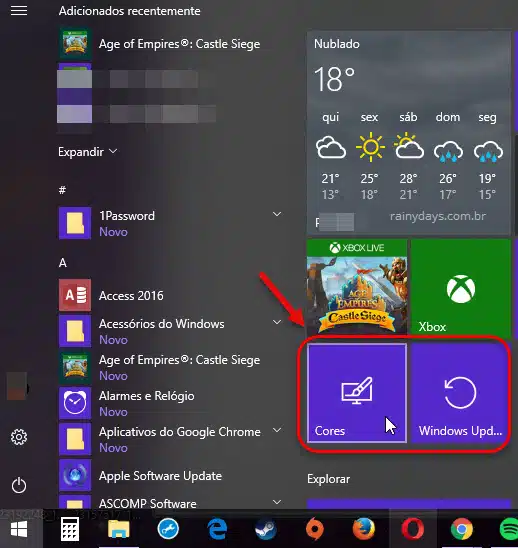 Como fixar opções das configurações no menu iniciar Windows 10