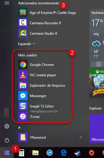 Mais usados e Adicionados recentemente menu Windows 10