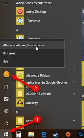 menu foto Alterar configurações de conta Windows