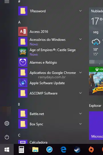 Menu iniciar do Windows 10 limpo