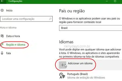 adicionar um idioma no Windows 10