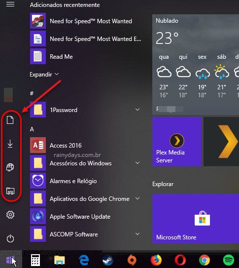 Adicionar atalhos para pastas no menu iniciar Windows 10