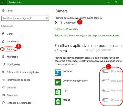 configurações de Câmera no Windows 10