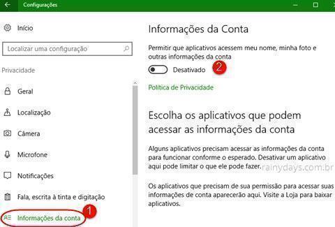 configurações de Informações da Conta Windows 10