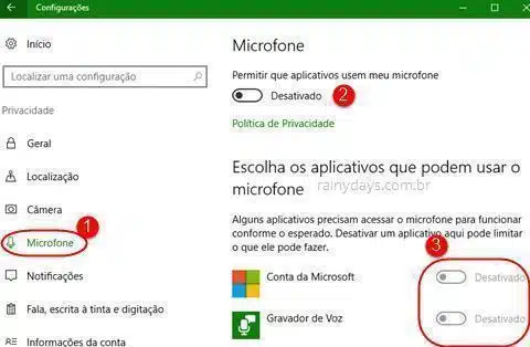 configurações de Microfone no Windows 10