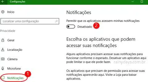 configurações de Notificações do Windows 10