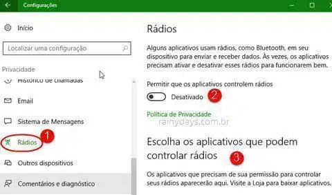 configurações de Rádios do Windows 10