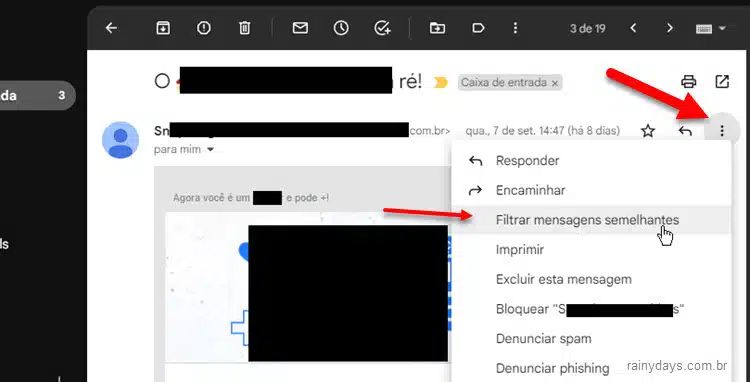 ícone três bolinhas, filtrar mensagens semelhantes, gmail