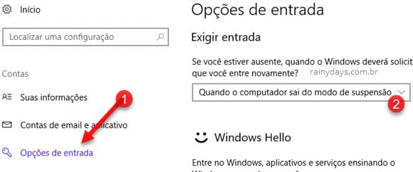 Opções de entrada suspensão Windows