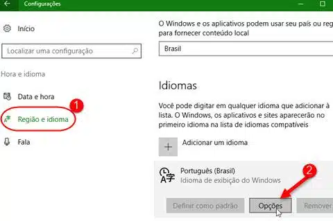 Opções de idioma no Windows 10