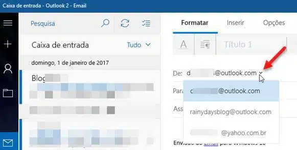 selecionar aliases do Outlook no Email Windows 10