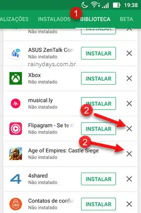Biblioteca ícone X remover app da lista Google Play